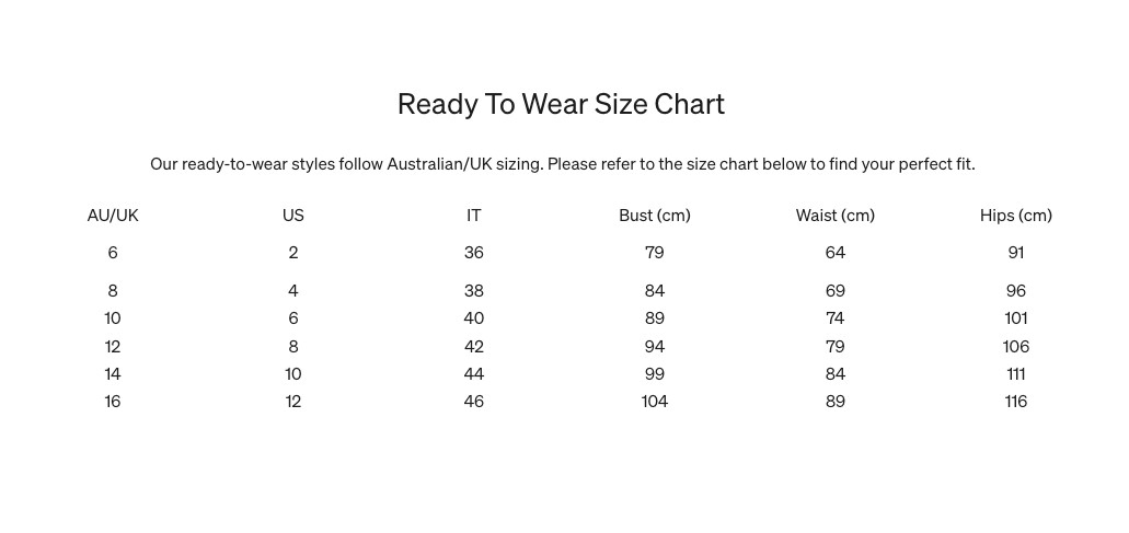 Product size guide
