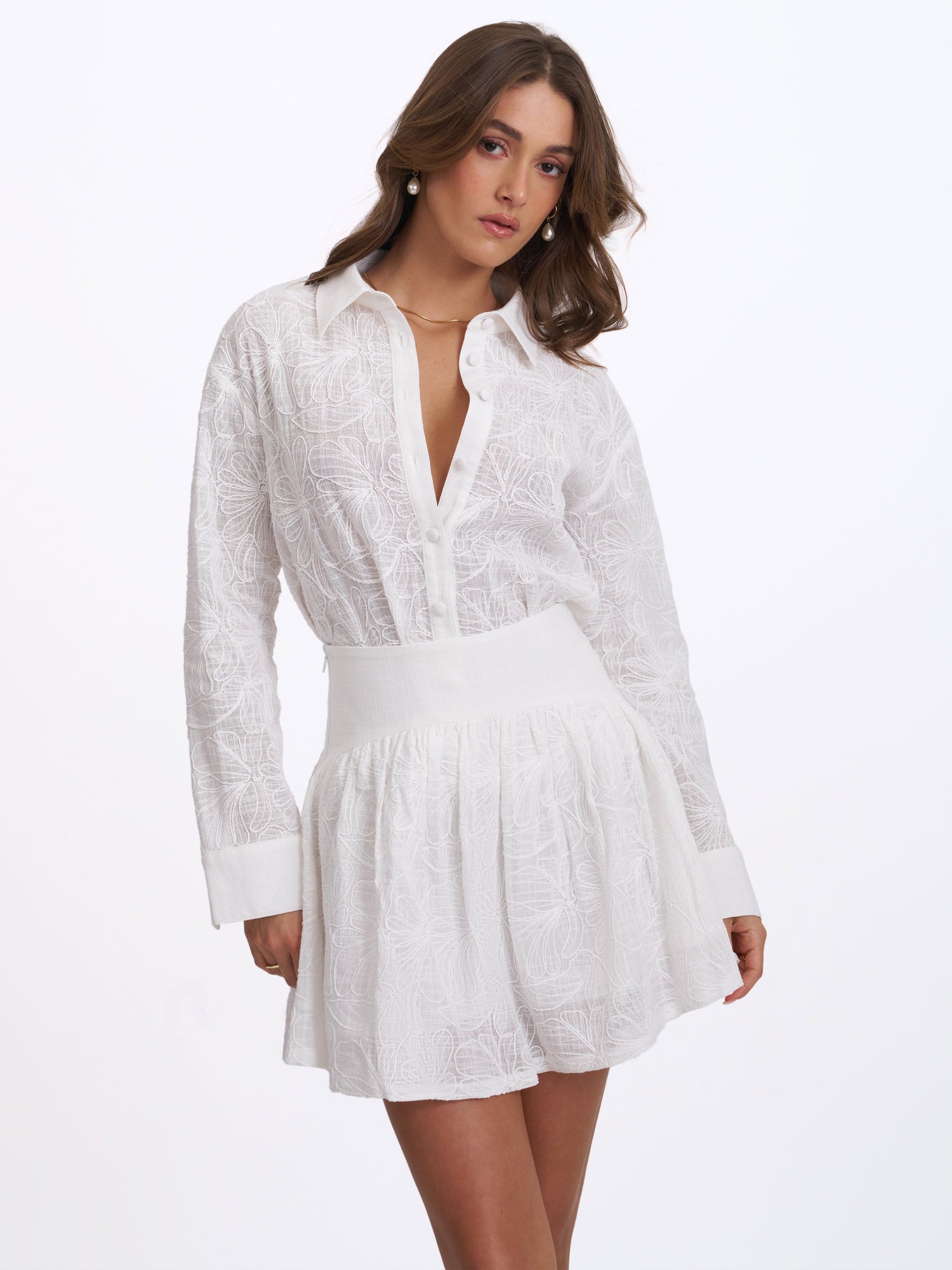 Quintina Embroidered Cotton Gauze Button-Down Shirt | White