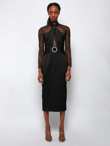 Women | RASARIO | Draped Satin Lace Midi Dress With Buckle And Ring | Black