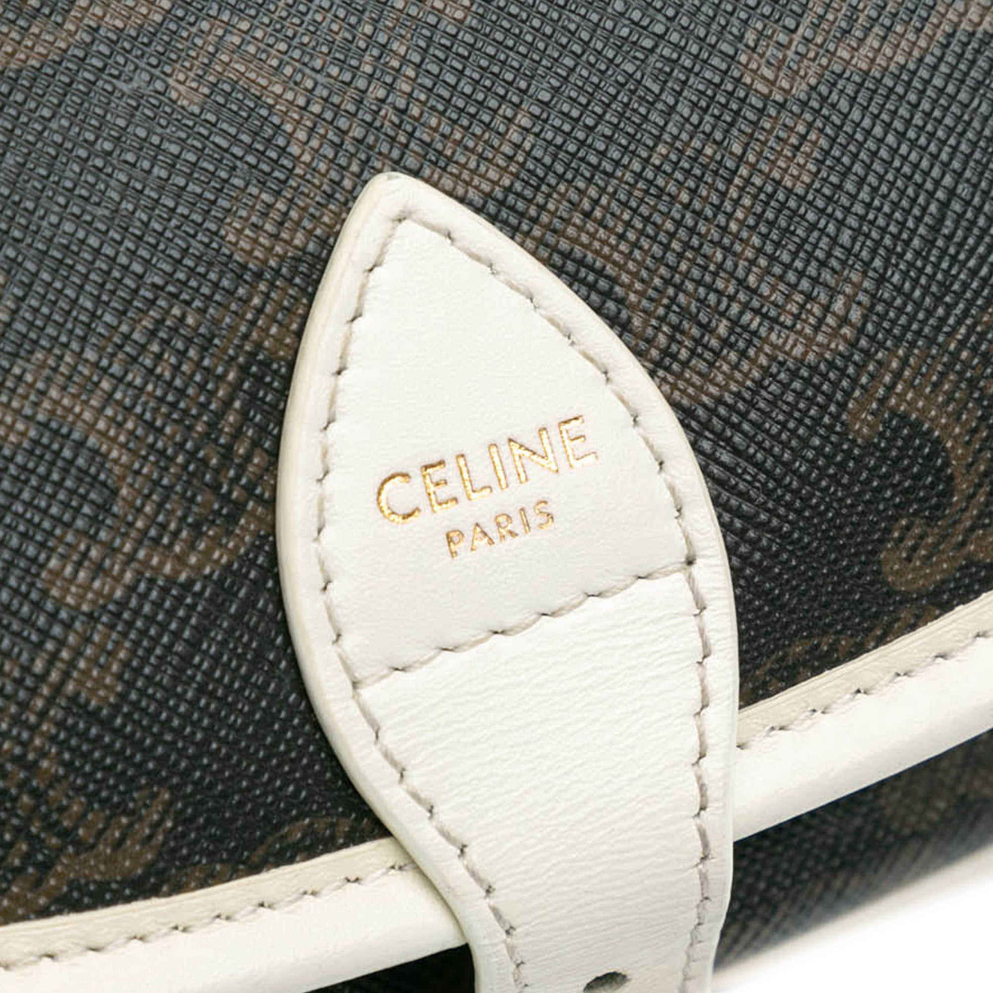 Celine | Pre-Owned Medium Triomphe Coated Canvas Folco Crossbody - II | White/Dark Brown