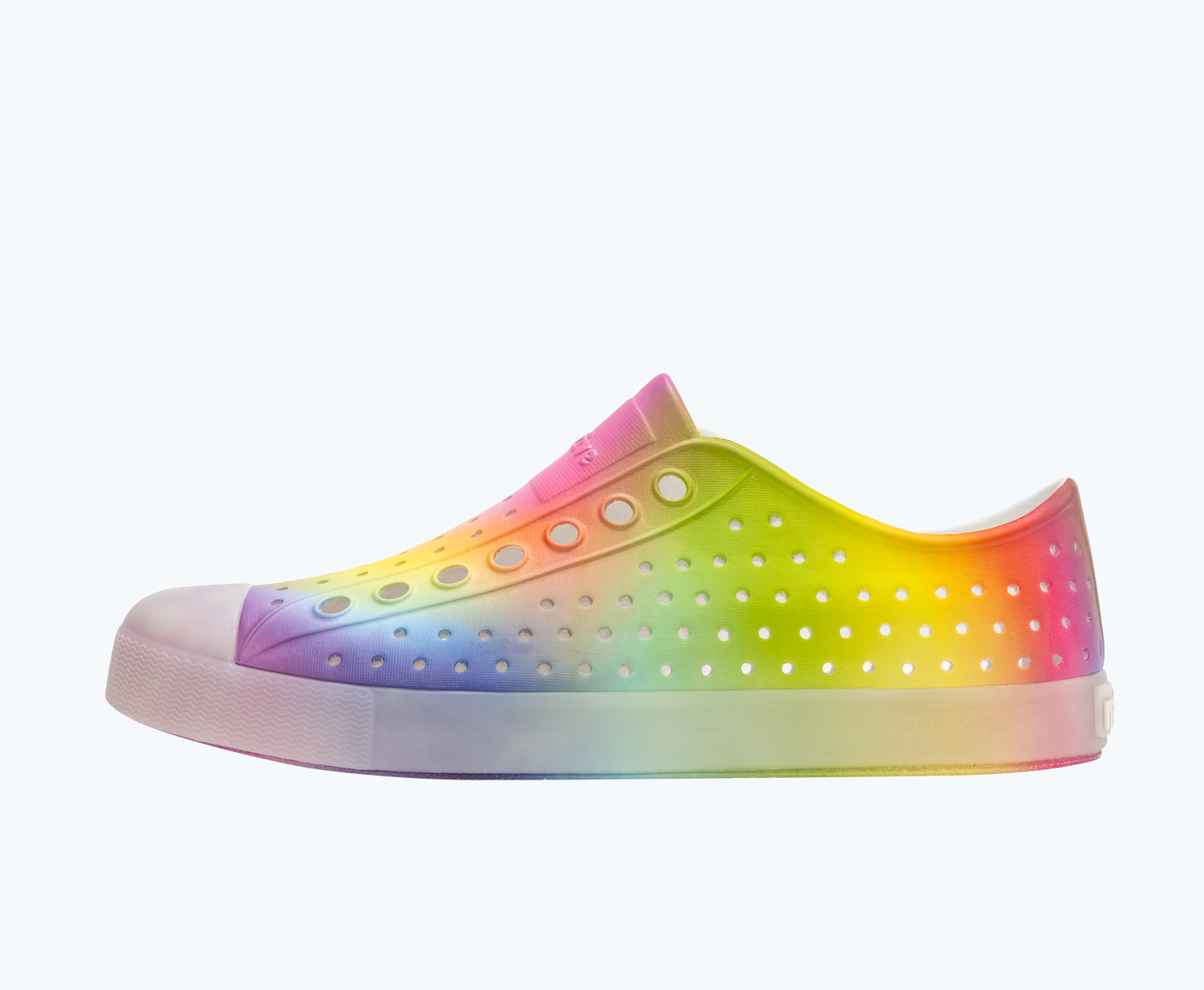 Side view of a Native Shoes Adults Jefferson Print | Shell White/ Translucent/ Rainbow Blur Footwear