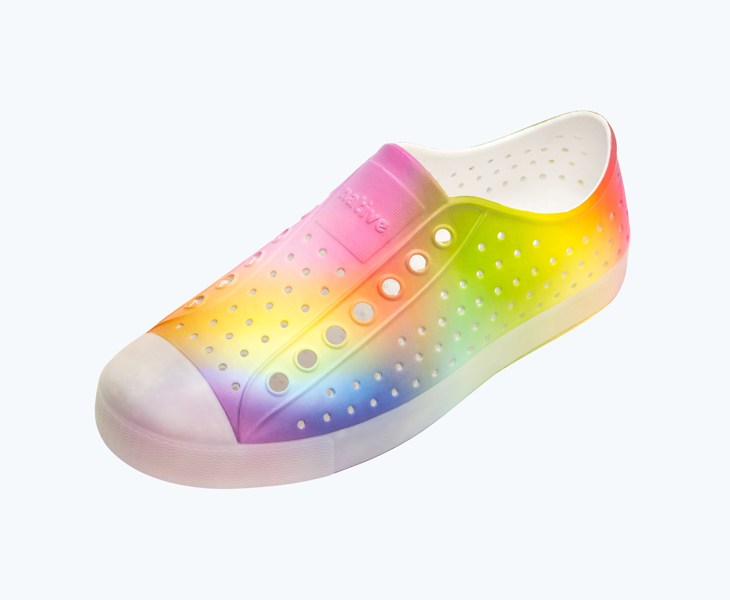 Angled view of a Native Shoes Jefferson Print | Shell White/ Translucent/ Rainbow Blur Footwear