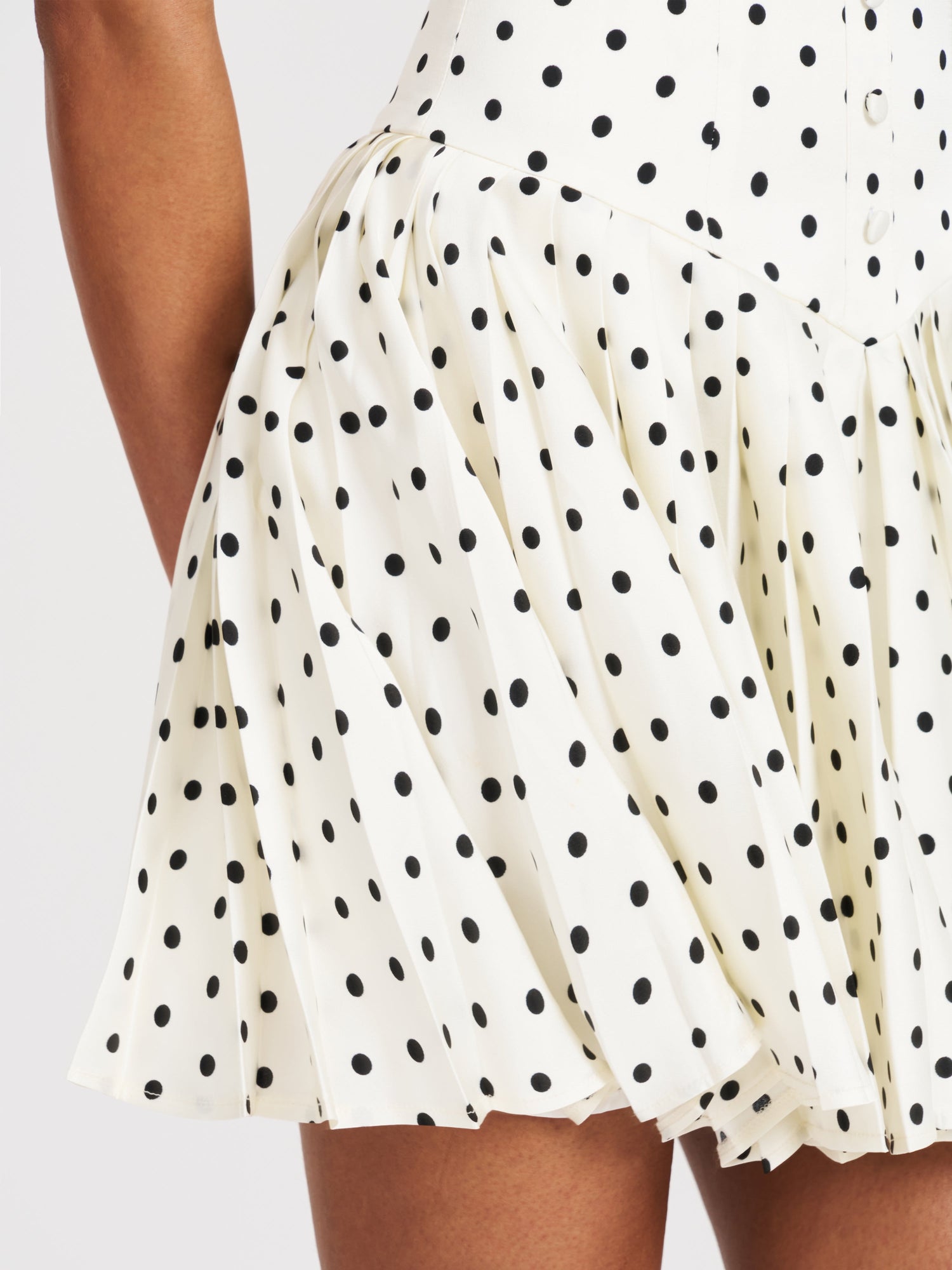 Edeline Polka Dot Off-shoulder Pleated Mini Dress | Black and White Polka Dot