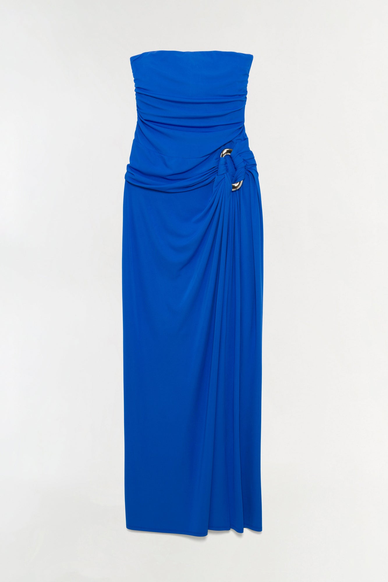 Blue strapless gown with draped bodice, horizontal ruching at waist, and side tie detail with gold accents.