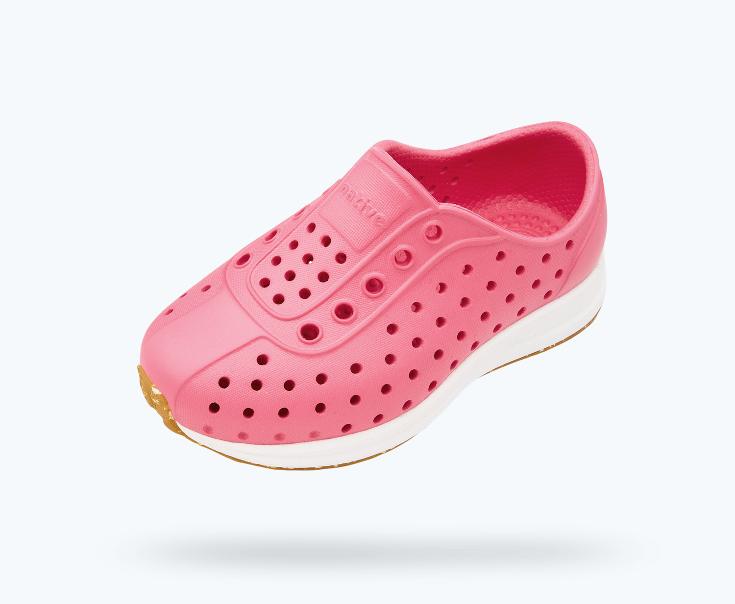 Angled view of a Native Shoes Kids Robbie Kids | Hollywood Pink/ Shell White/ Mash Speckle Rubber Footwear