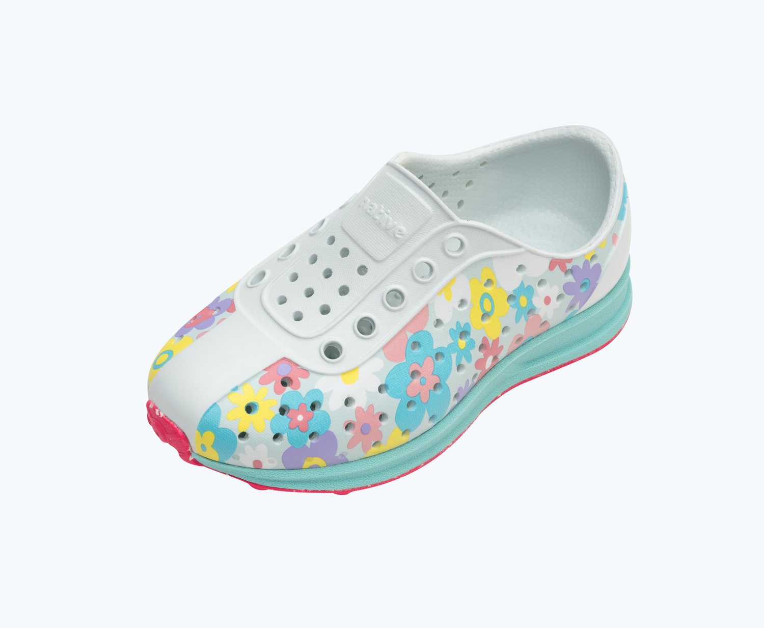 Angled view of a Native Shoes Kids Robbie Print Kids | Coastal Blue/ Hydrangea Blue/ Pastel Daisy/ Dazzle Speckle Rubber Footwear
