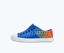 Side view of a Native Shoes Kids Jefferson Blocks Kids | Uv Blue/ Shell White/ Hyper Freesia Celery Block Footwear
