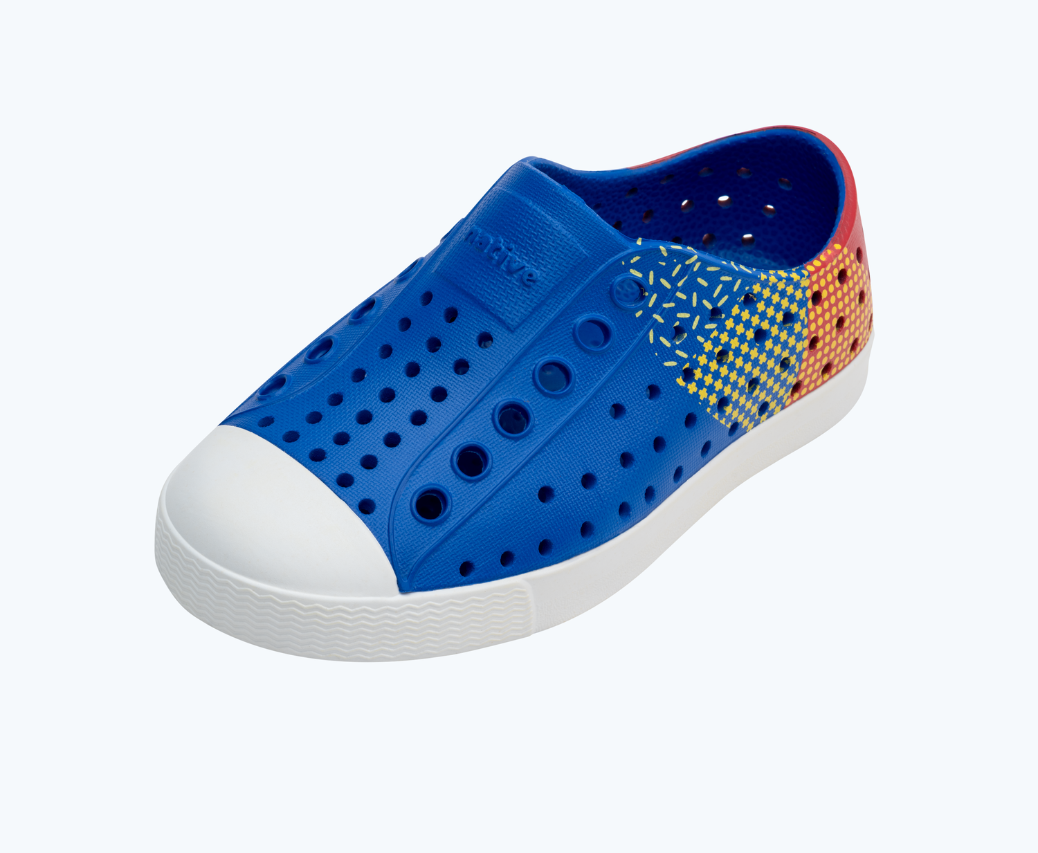 Angled view of a Native Shoes Kids Jefferson Block Kids | Uv Blue/ Shell White/ Hyper Freesia Celery Block Footwear