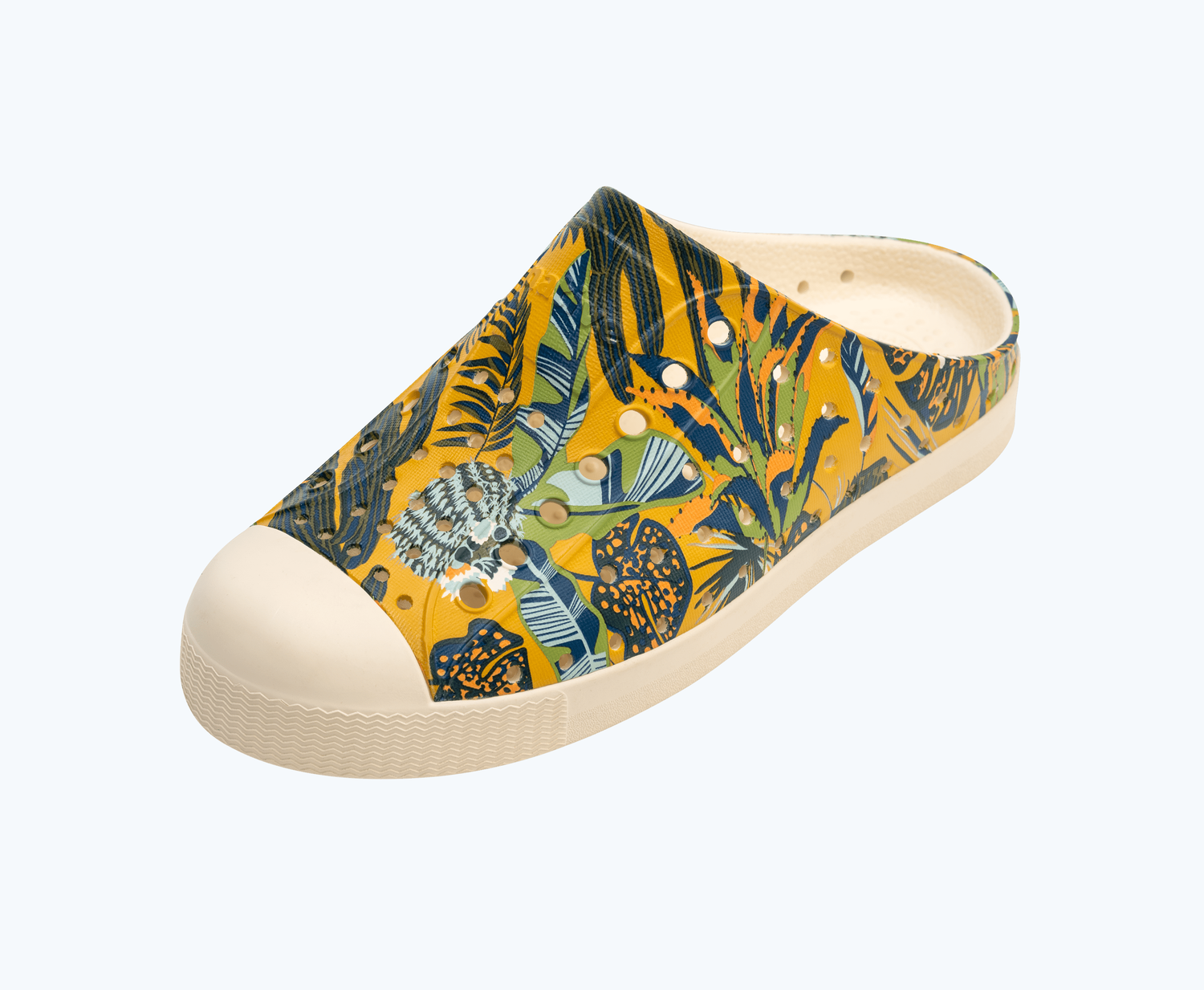 Angled view of a Native Shoes Kids Jefferson Clog Print Kids | Bone White/ Bone White/ Wheat Tropic Footwear