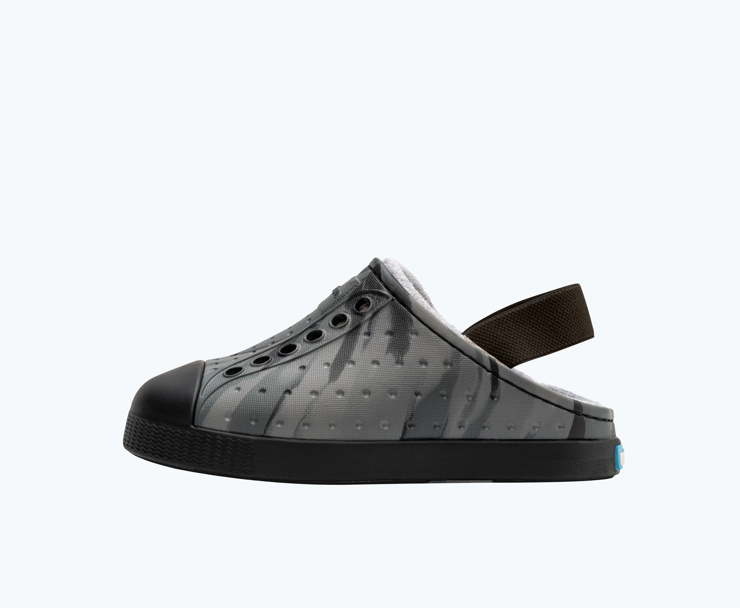 Side view of a Native Shoes Kids Jefferson French Terry Kids | Gravity Grey Marble/ Jiffy Black Footwear