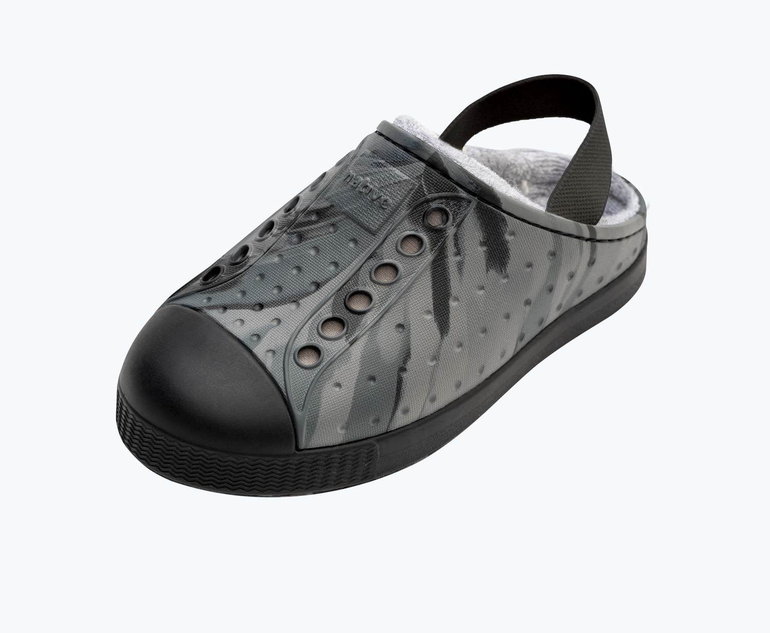 Angled view of a Native Shoes Kids Jefferson French Terry Kids | Gravity Grey Marble/ Jiffy Black Footwear
