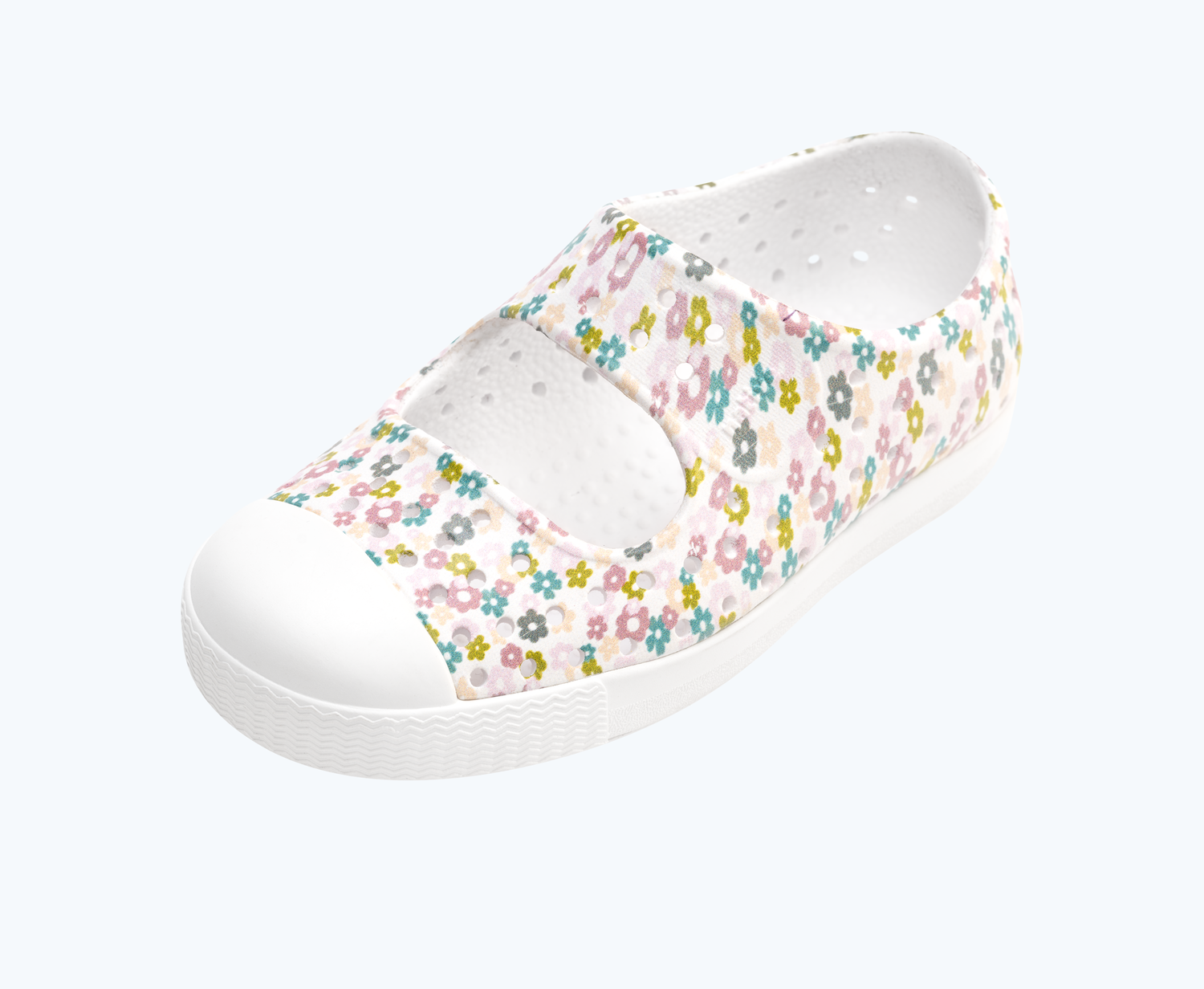Angled view of a Native Shoes Kids Jefferson Juniper Print Kids | Shell White/ Shell White/ Wayward Ditsy Floral Footwear