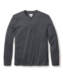 The Mens Pima Henley in Dark Heather Grey by Petite Plume features a round neckline, long sleeves, and four front buttons. Made from soft, lightweight Peruvian Pima cotton, its perfect for luxurious pajamas and is shown against a plain white background.