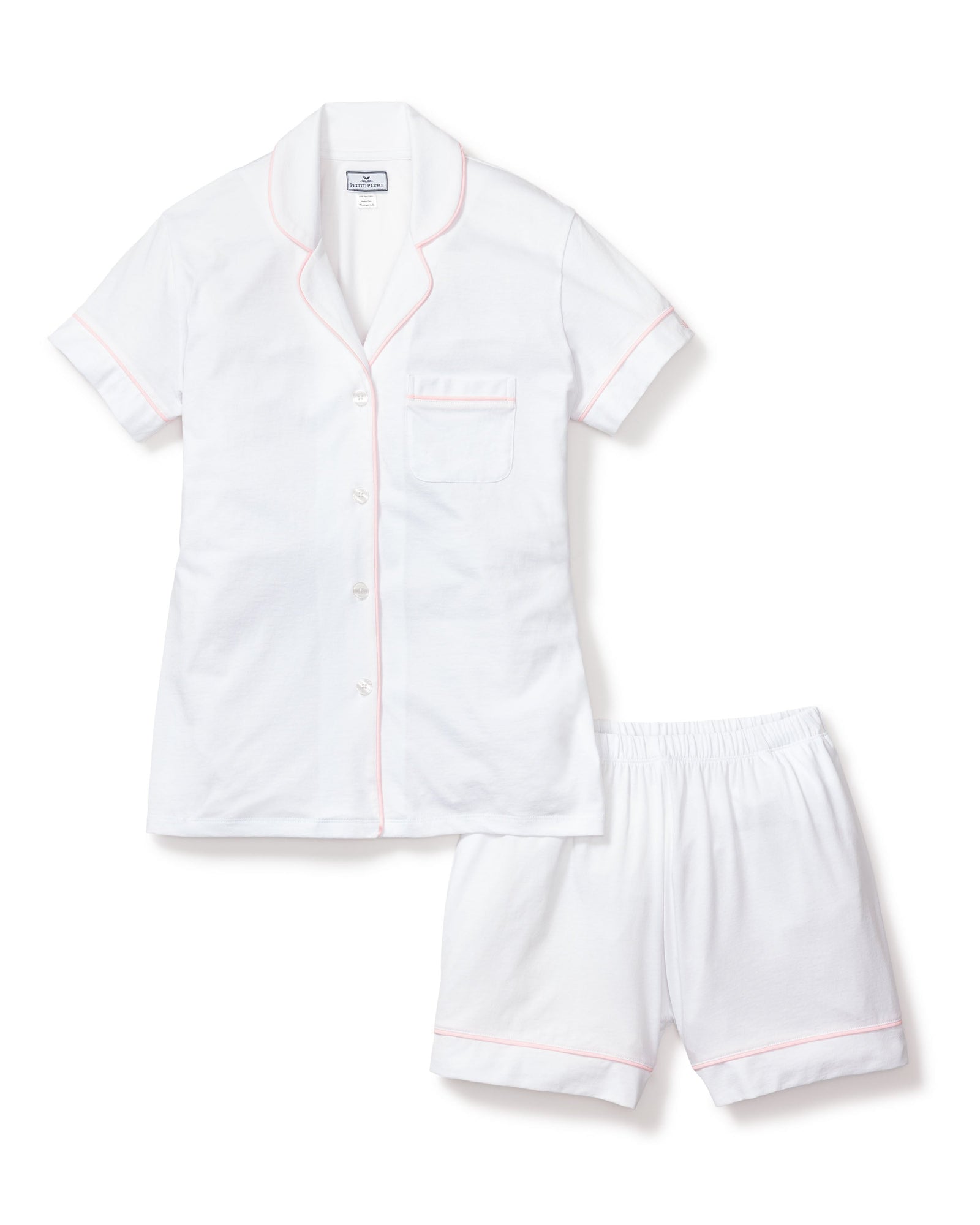Kids | Twill Short Set | White with Pink Piping