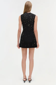 Black lace sleeveless mini dress with embellished detailing, shown from back on model wearing black heels.