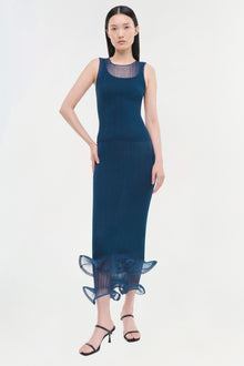 Dark teal ribbed tank dress with sheer mesh neckline and ruffled hem detail.