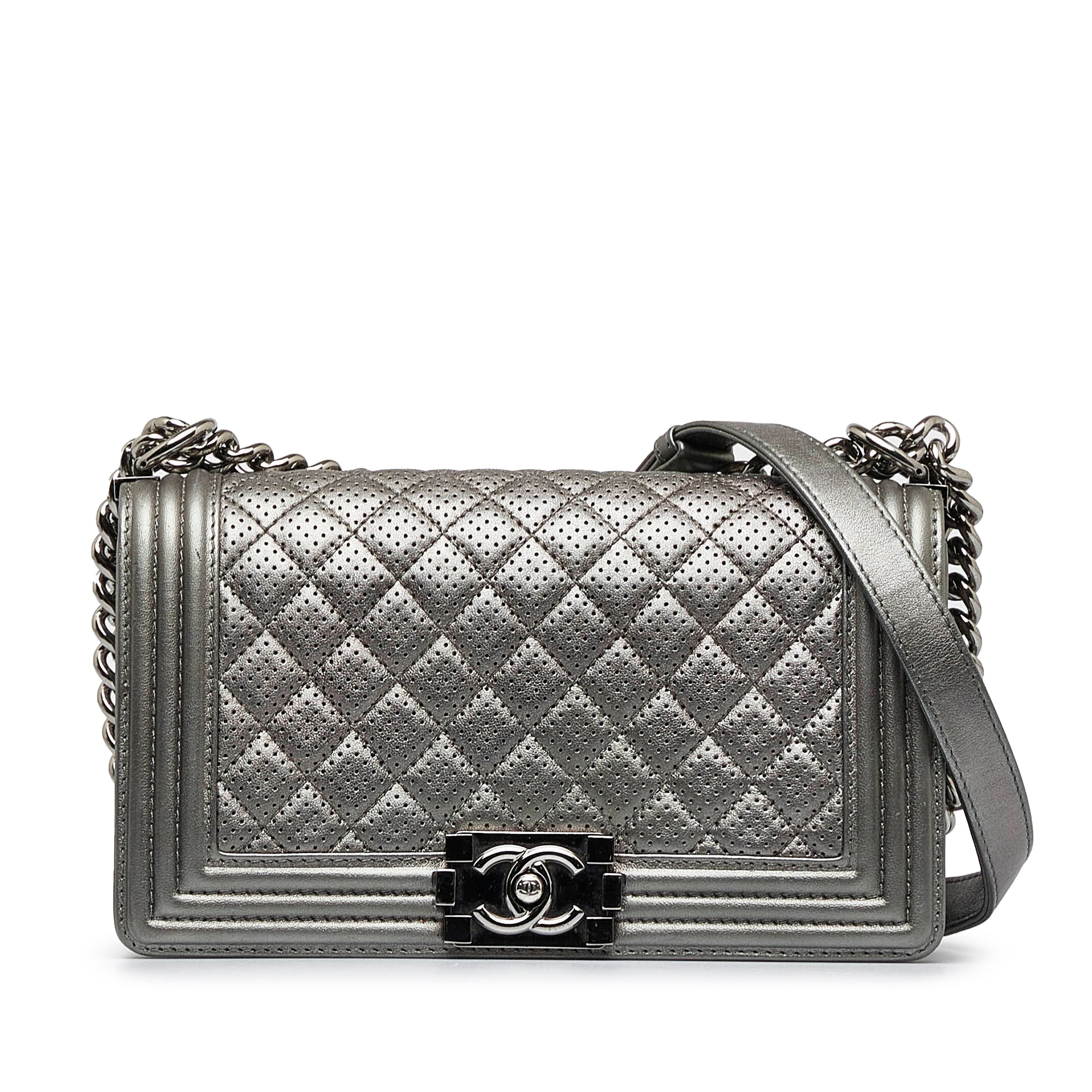 Chanel | Pre-Owned Old Medium Quilted Perforated Metallic Lambskin Boy Flap | Gray