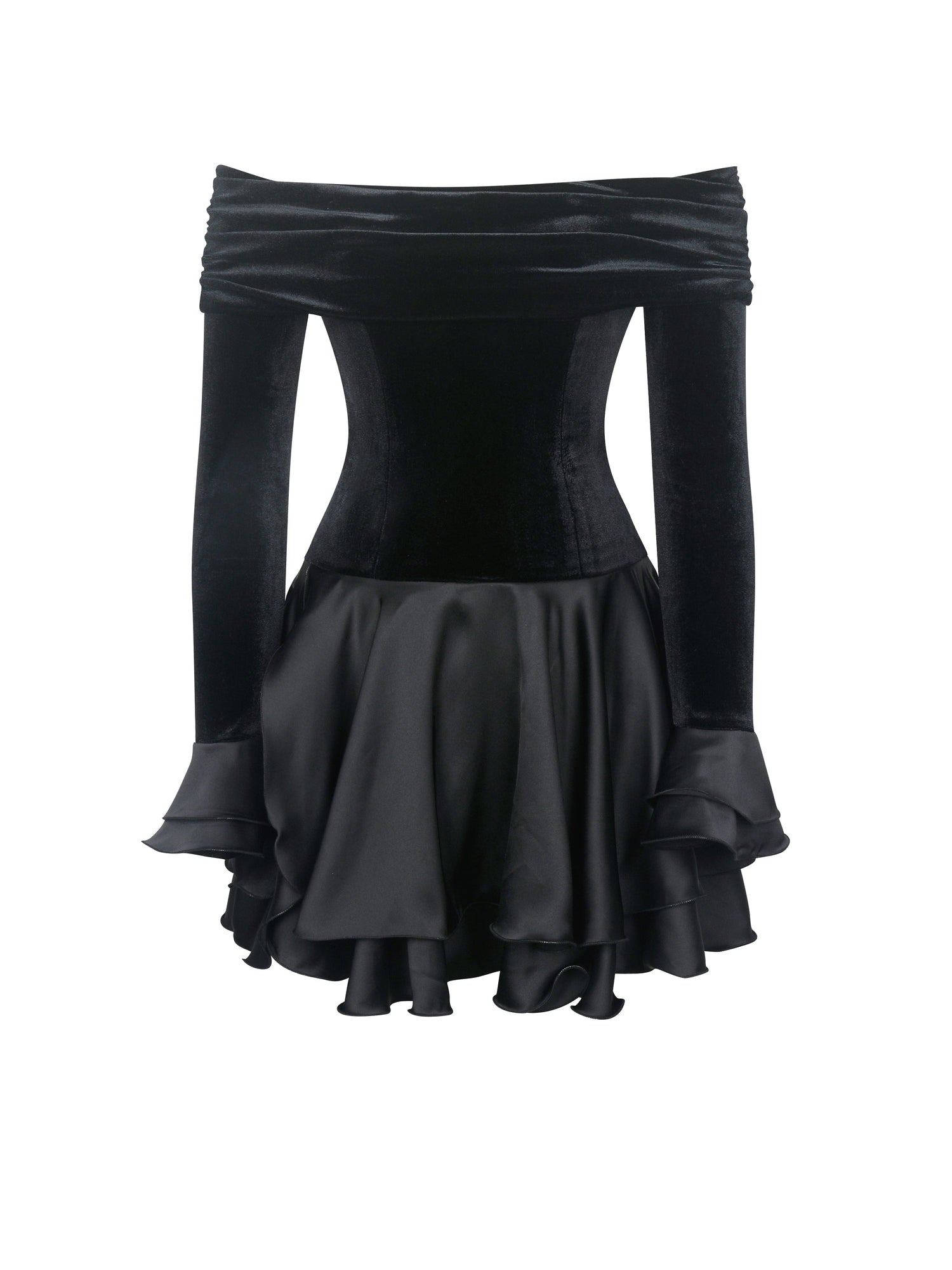 Magnolia Off-Shoulder Layered Satin Mini Dress | Black