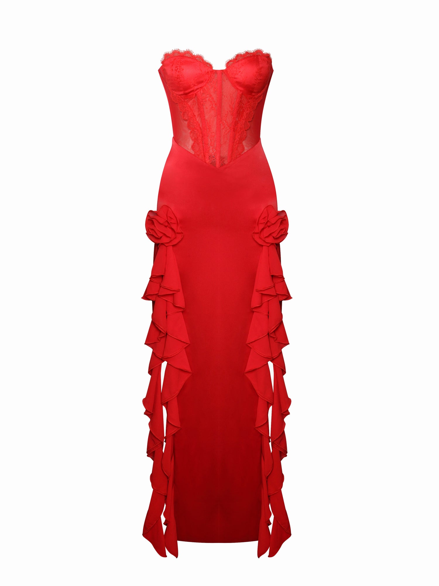 Talia Satin Lace Corset Maxi Dress | Red