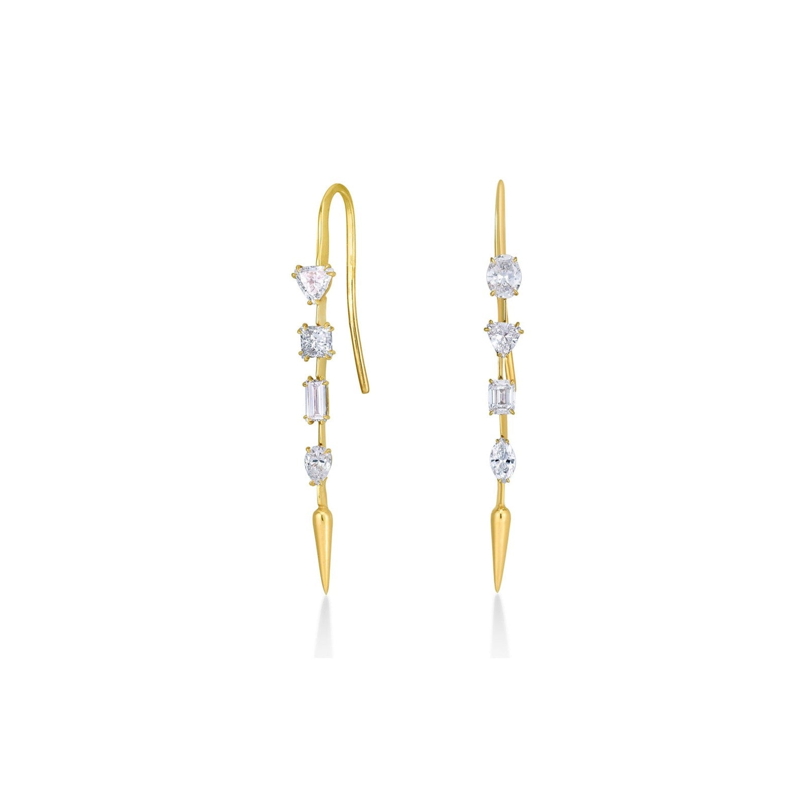 14k gold Diamond Drop Earrings with emerald cut, cushion cut, trillion cut, Pear cut, baguette cut diamonds on a white background
