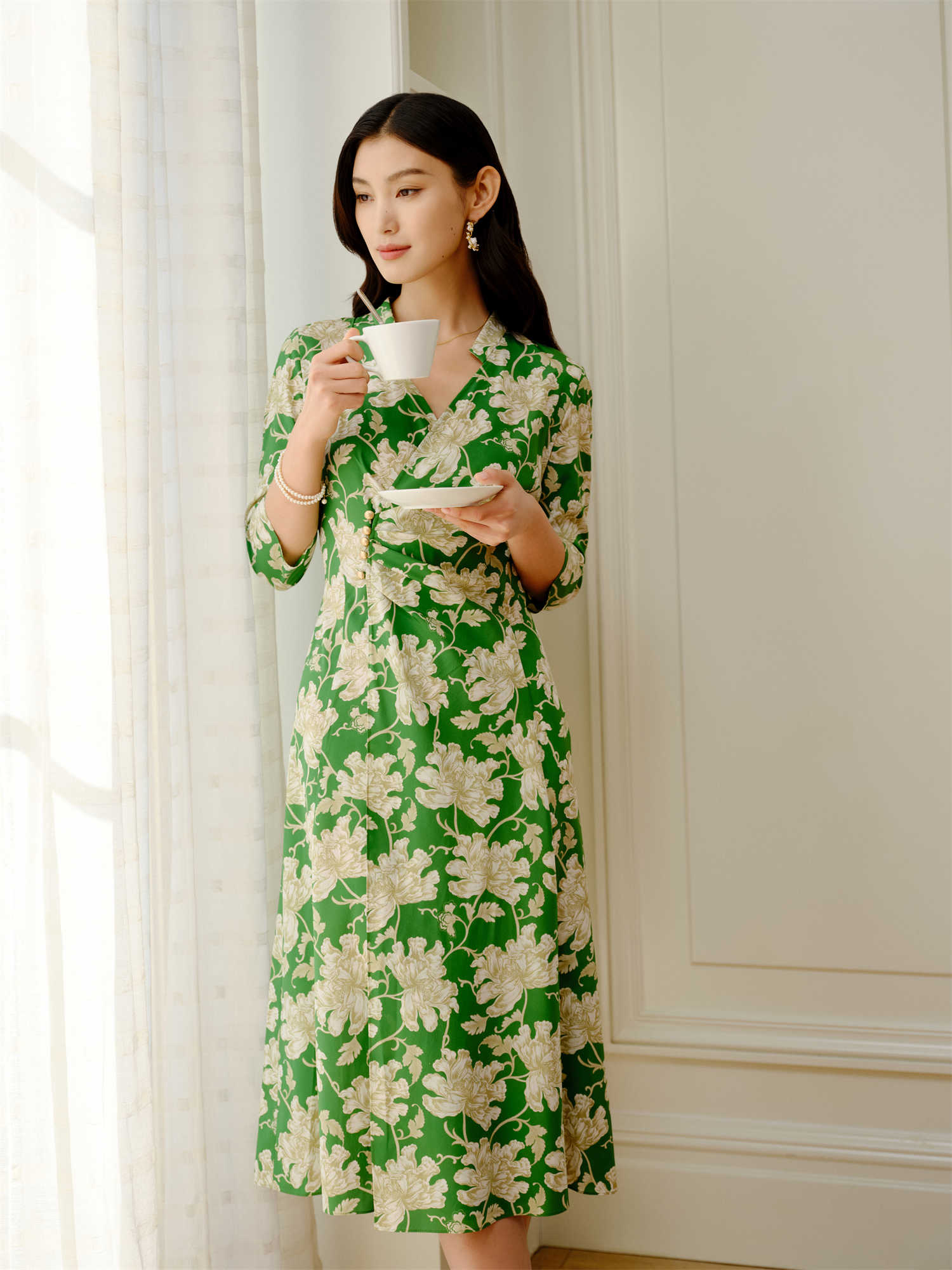 Silk Floral Midi Dress | Vibrant Green/White