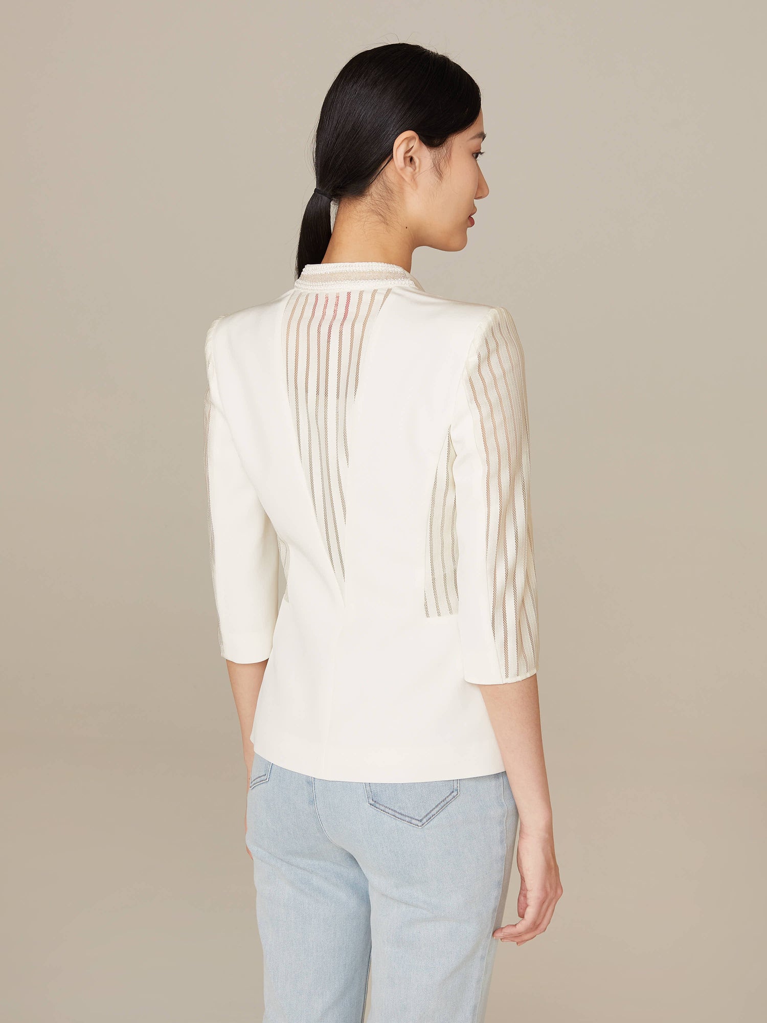 Sheer Pleated Sleeve Blazer | White