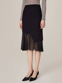 Sheer Layered Hem Midi Skirt | Black