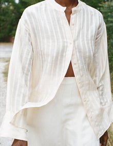 Womens | The Collarless Shirt | Sheer Cream Stripe