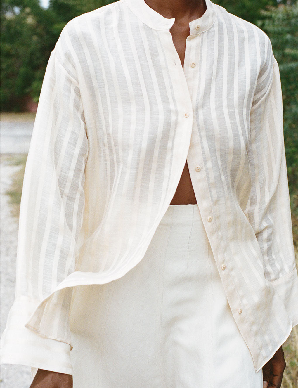 Womens | The Collarless Shirt | Sheer Cream Stripe