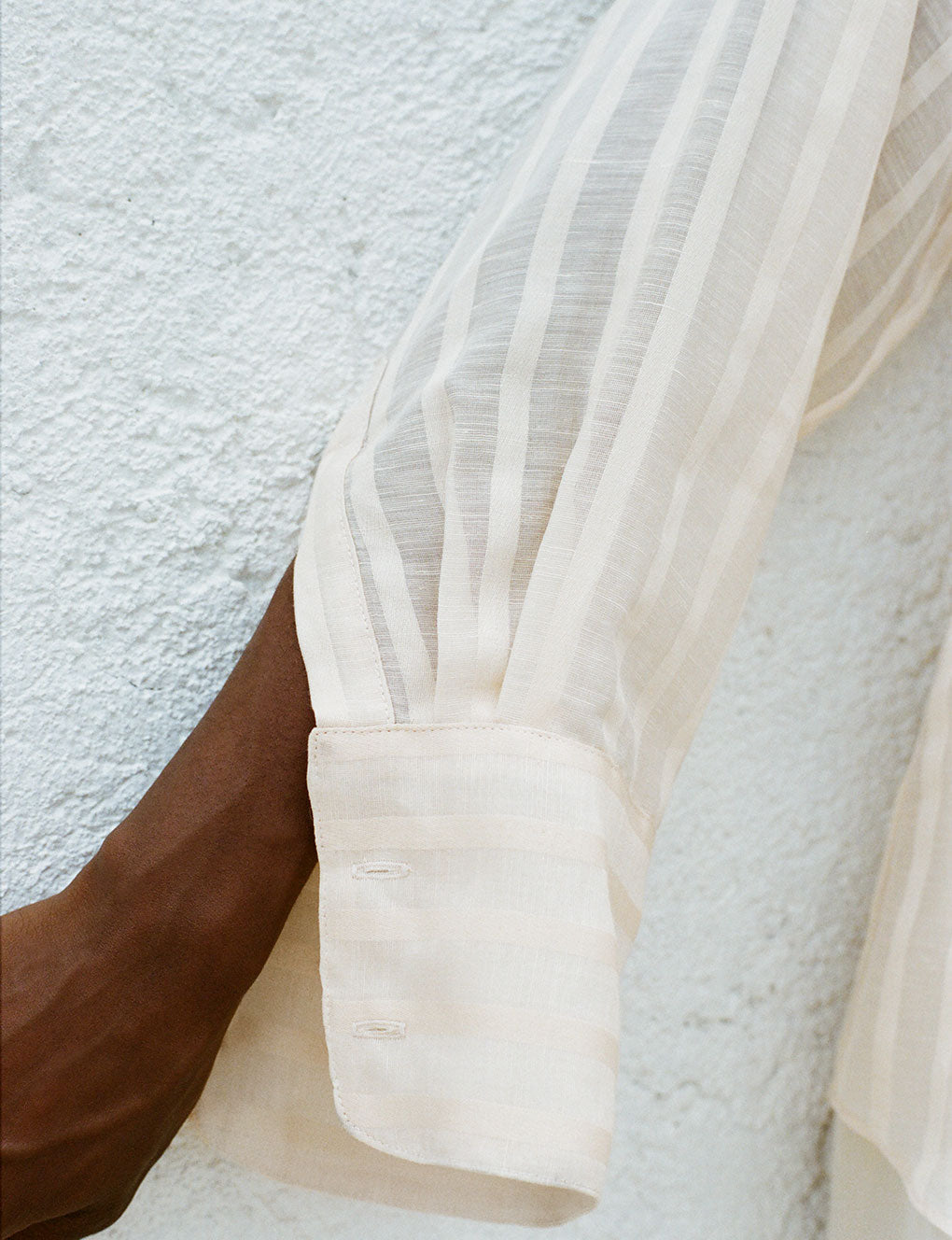 Womens | The Collarless Shirt | Sheer Cream Stripe