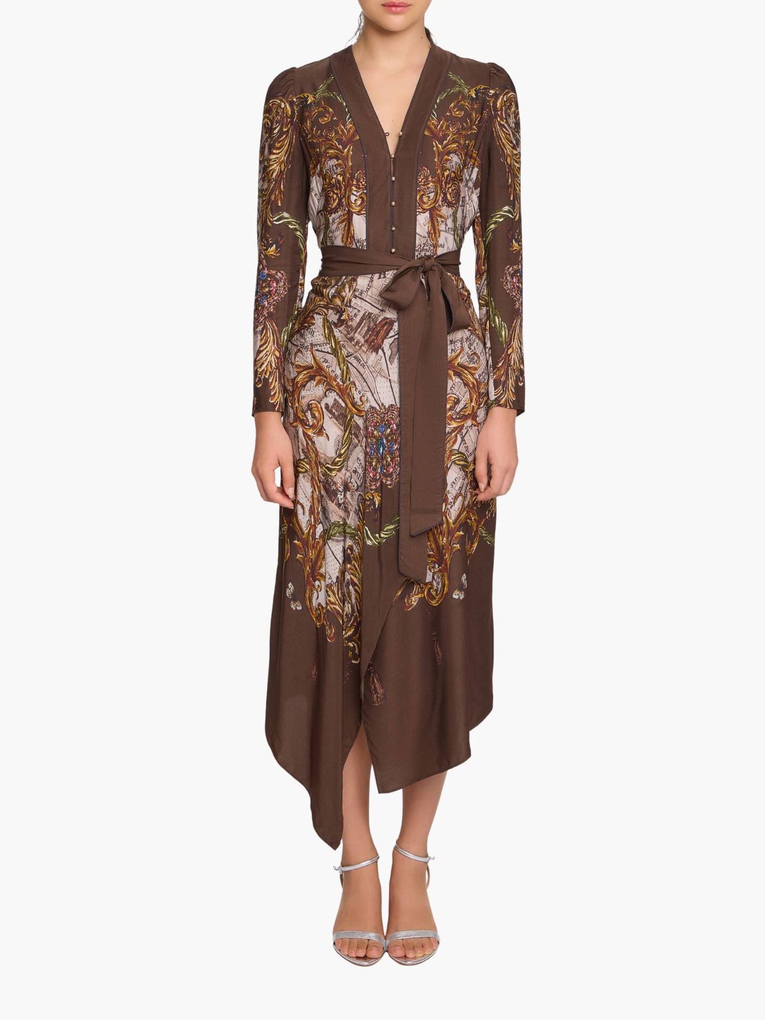 Jewel of Edinburgh Draped Scarf Midi Dress | Brown Multi