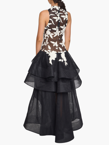 Leather Guipure High Neck Sleeveless Tiered Gown | Black/Ivory