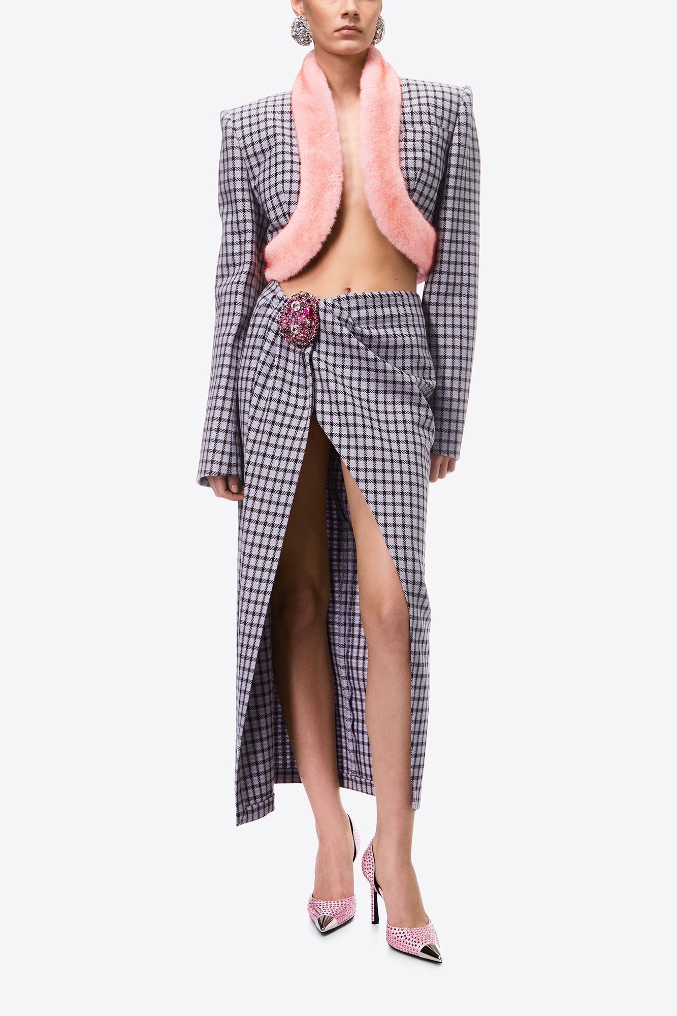 Faux Fur Trim Cropped Blazer | Lilac Multi