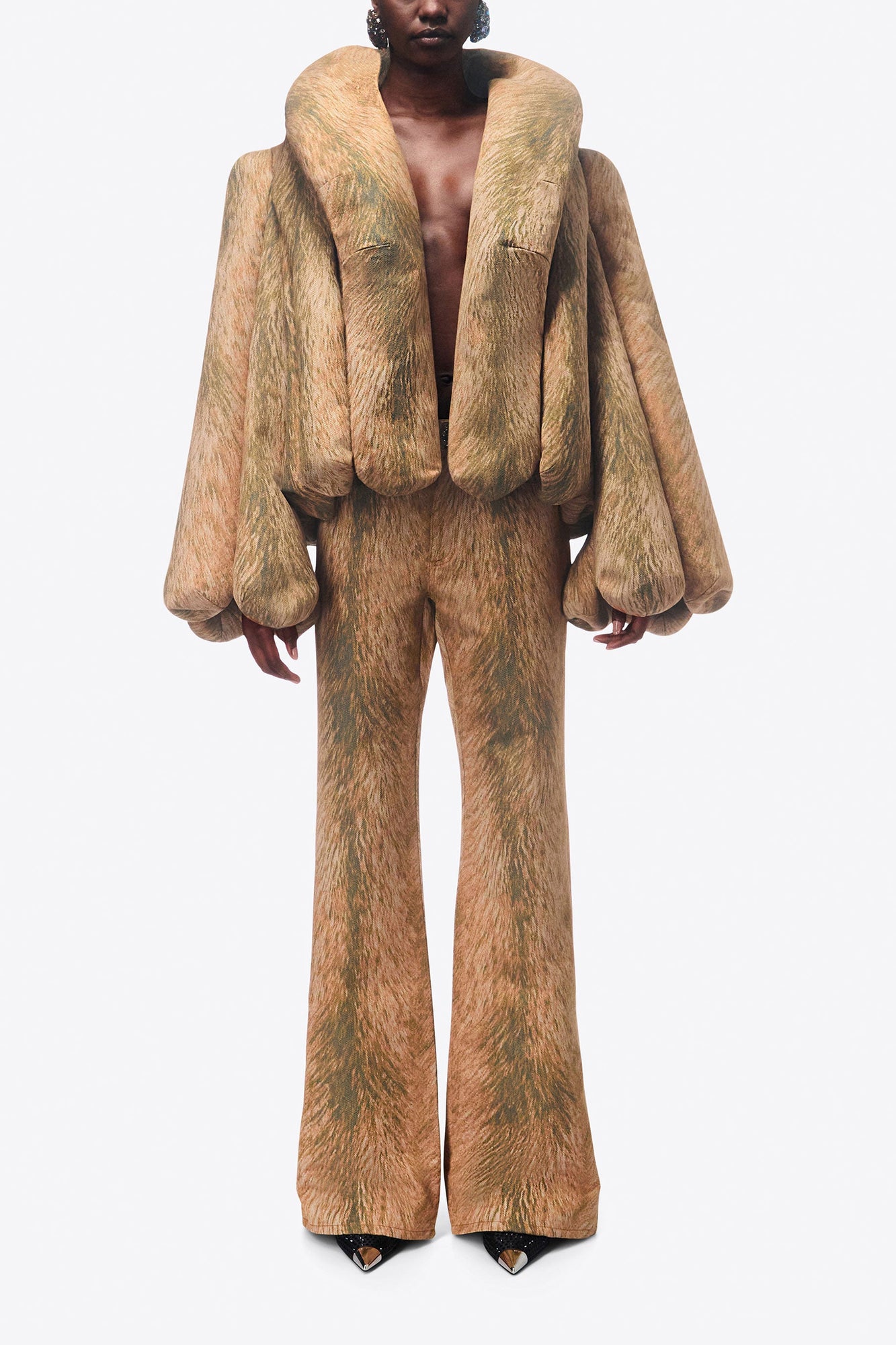 Crystal Button Fur Printed Jeans | Beige Multi