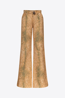 Crystal Button Fur Printed Jeans | Beige Multi