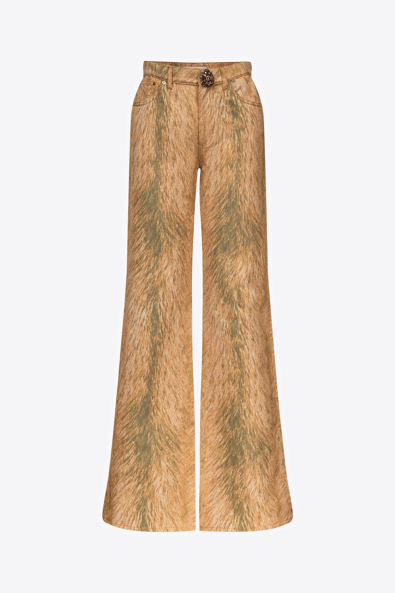 Crystal Button Fur Printed Jeans | Beige Multi