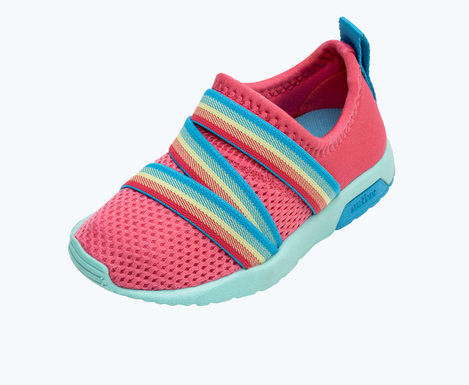 Angled view of a Native Shoes Kids Phoenix Sugarlite Kids | Dazzle Pink/ Hydrangea Blue/ Maria Blue Footwear