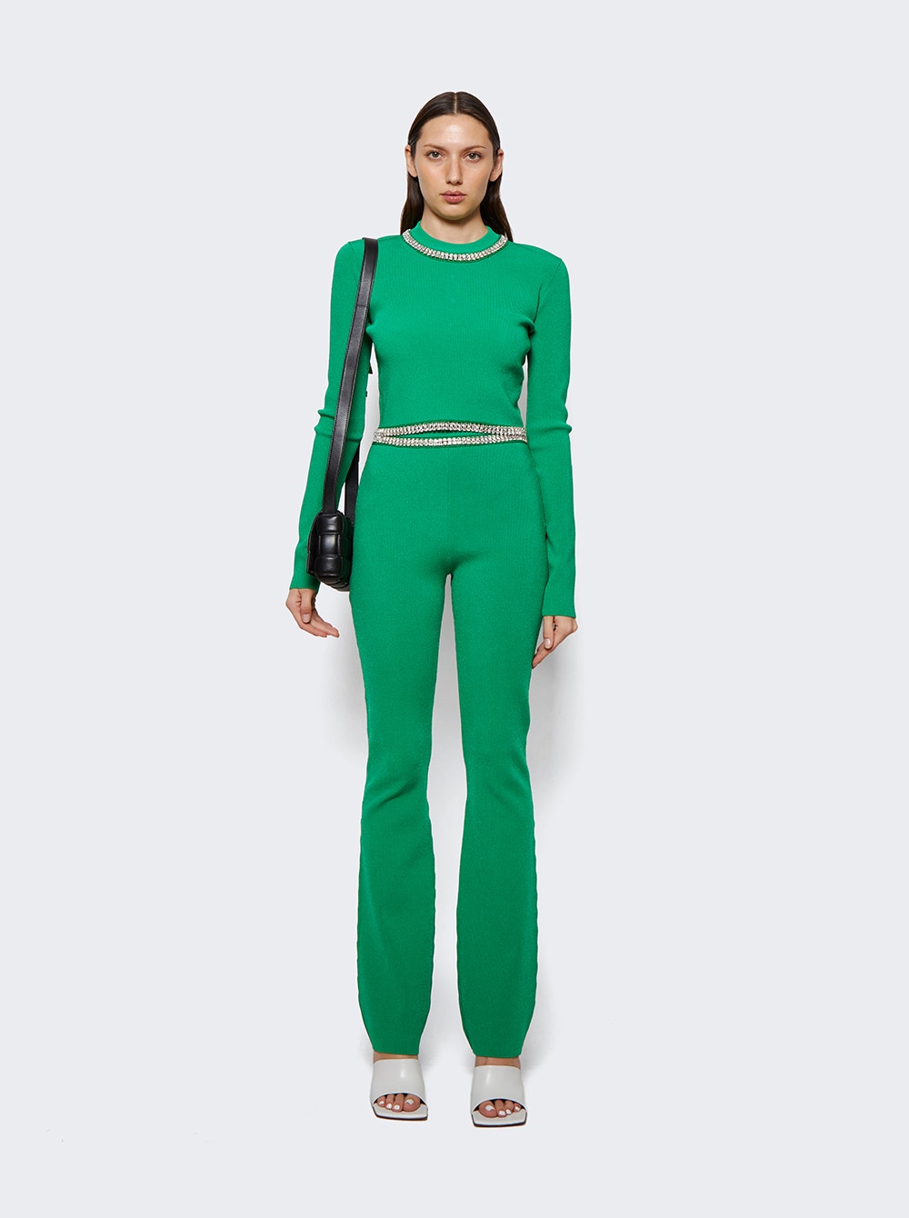 Rabanne | Embellished Knit Flared Trousers | Green