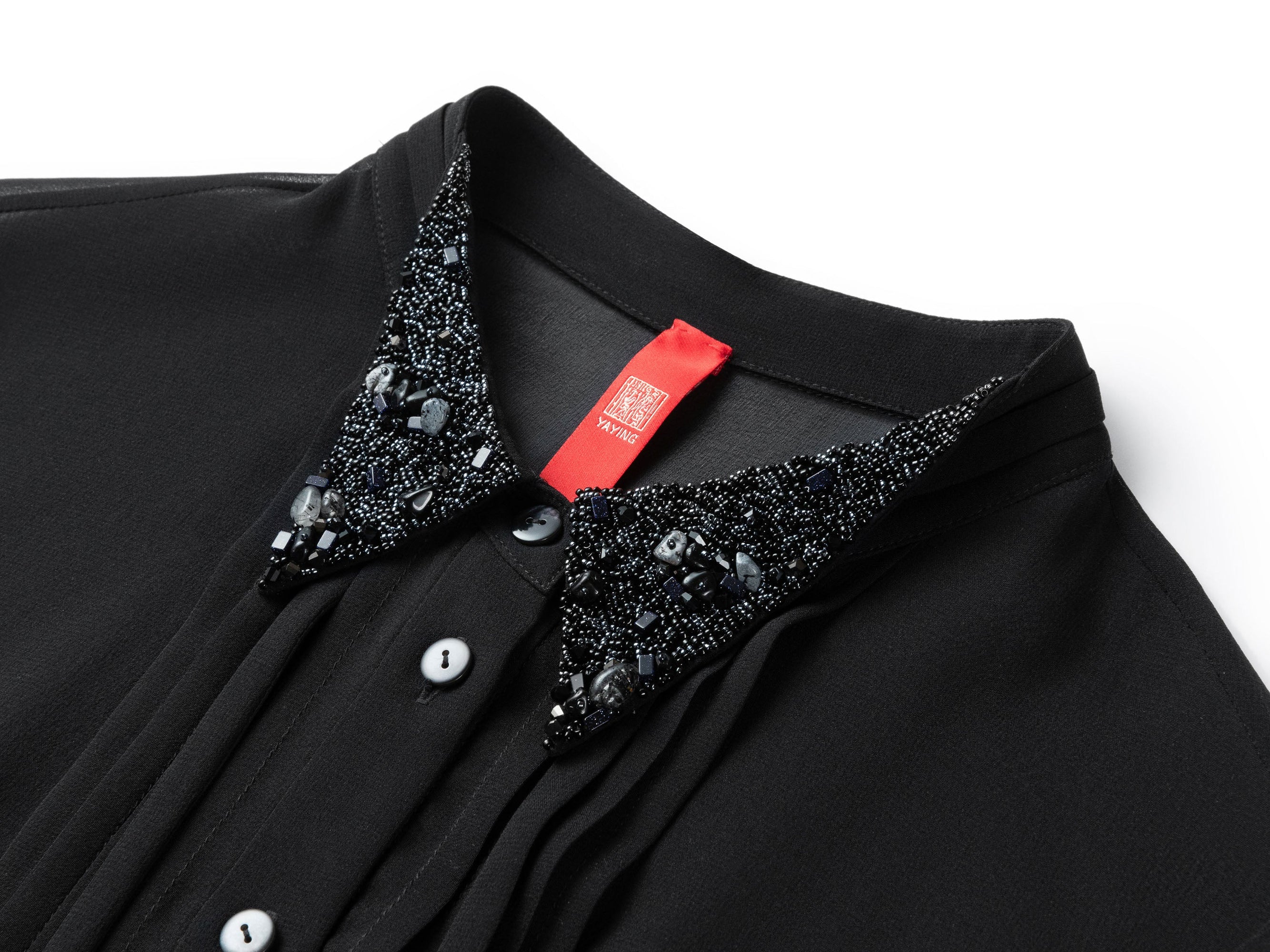 Silk Embrpoidered Collar Button-Down Shirt | Black