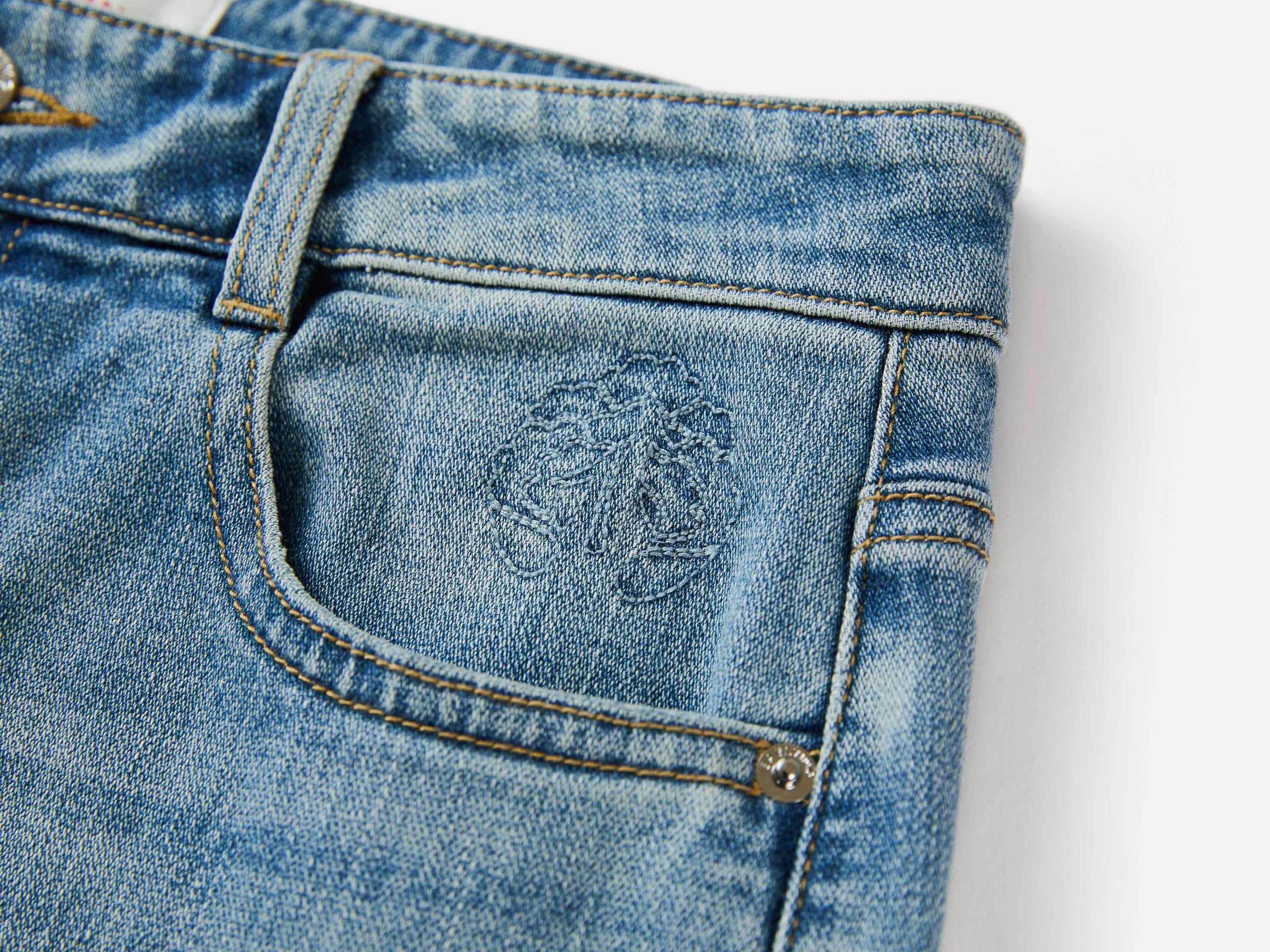 Rhinestone Cotton High-Waist Straight-Leg Jeans | Blue
