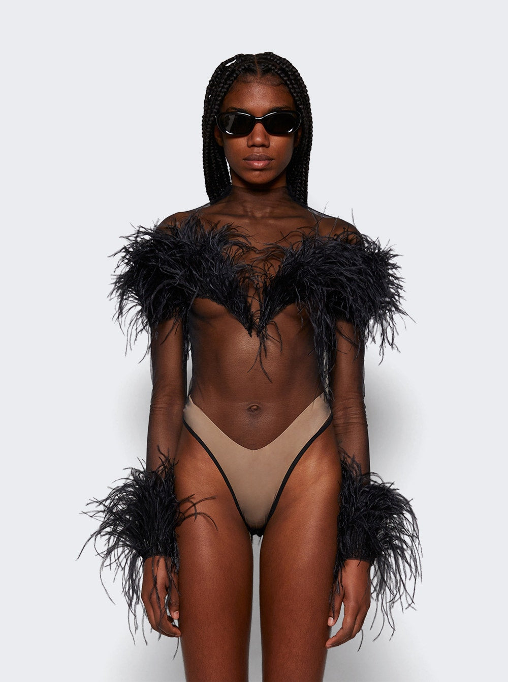 Women | Mugler | Feather Sheer Bodysuit | Black