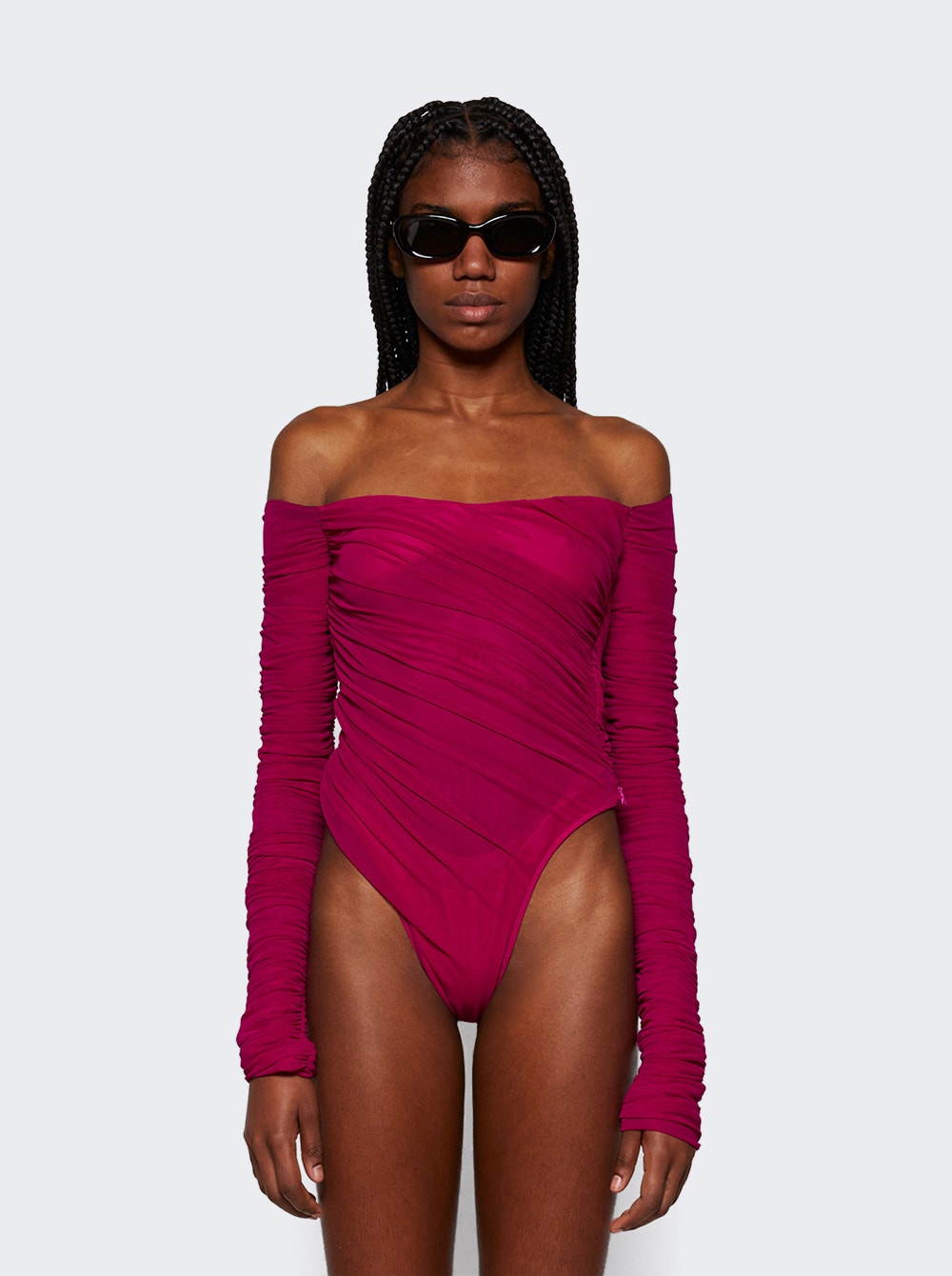 Women | Mugler | Ruched Mesh Bodysuit | Magenta