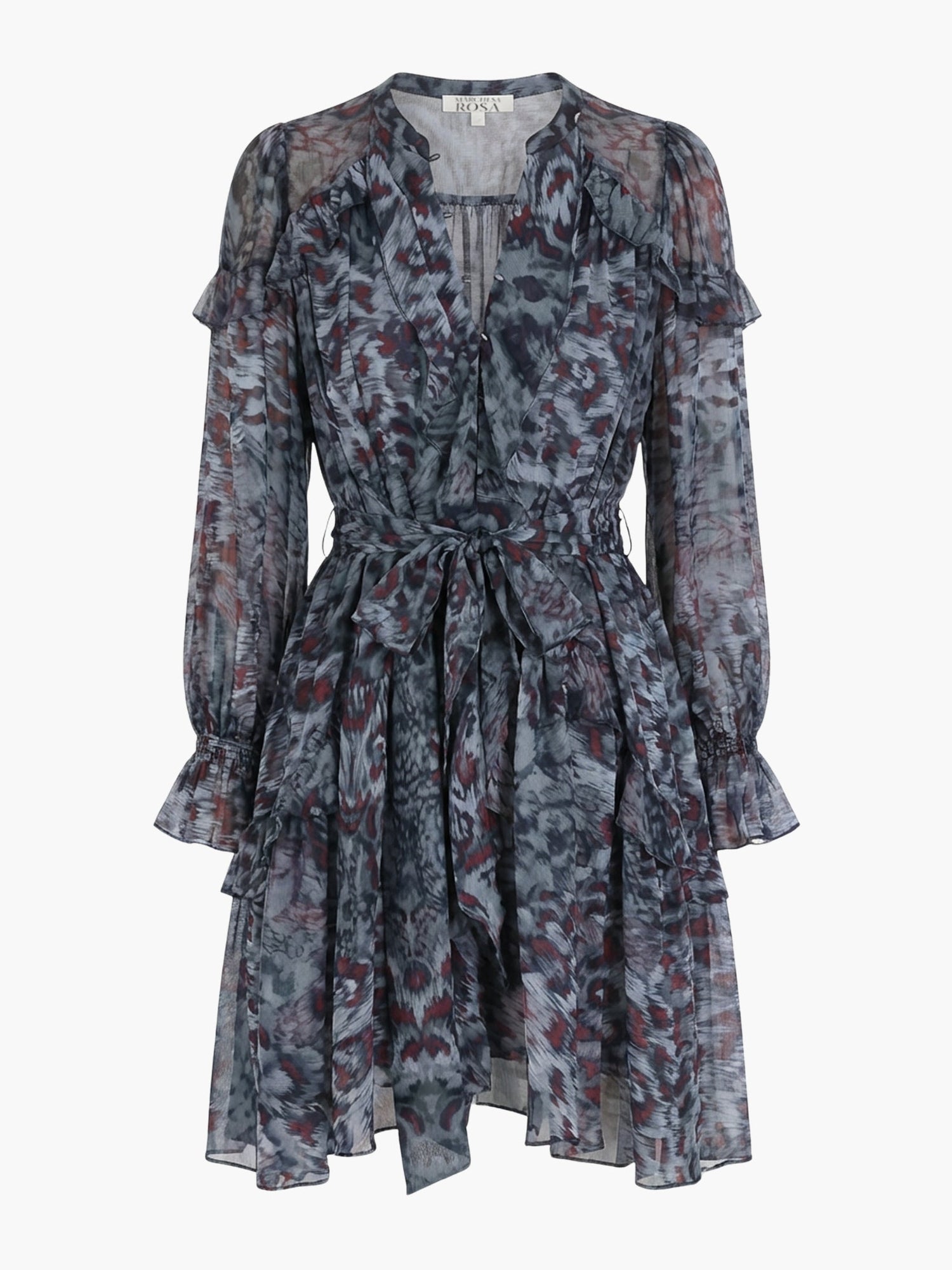Braided Leopard Flounced Silk Chiffon Mini Dress | Brown Multi