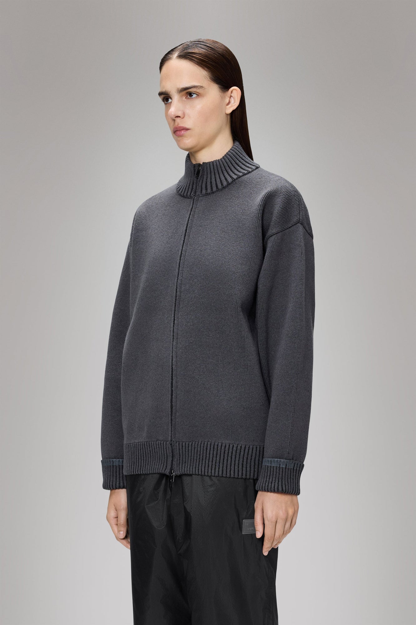 RAINS Sowa Knit Zip Cardigan Grey/Black Long Sleeve