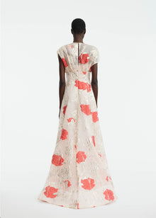 Floral Fil Coupe Draped Shoulder Pleated Gown | Blush Multi