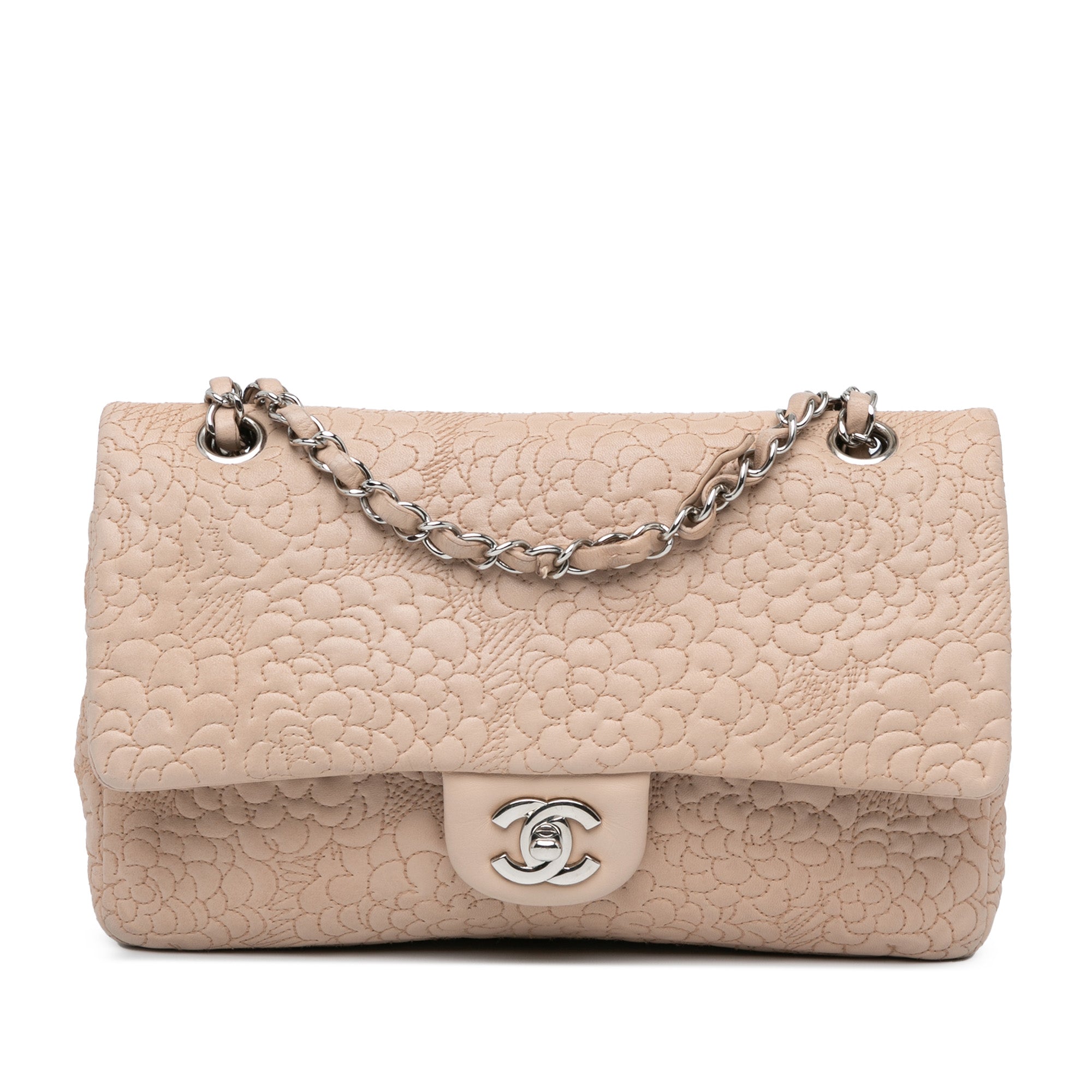 Chanel | Pre-Owned Medium Lambskin Camellia Stitched Double Flap | Pink/Light Pink