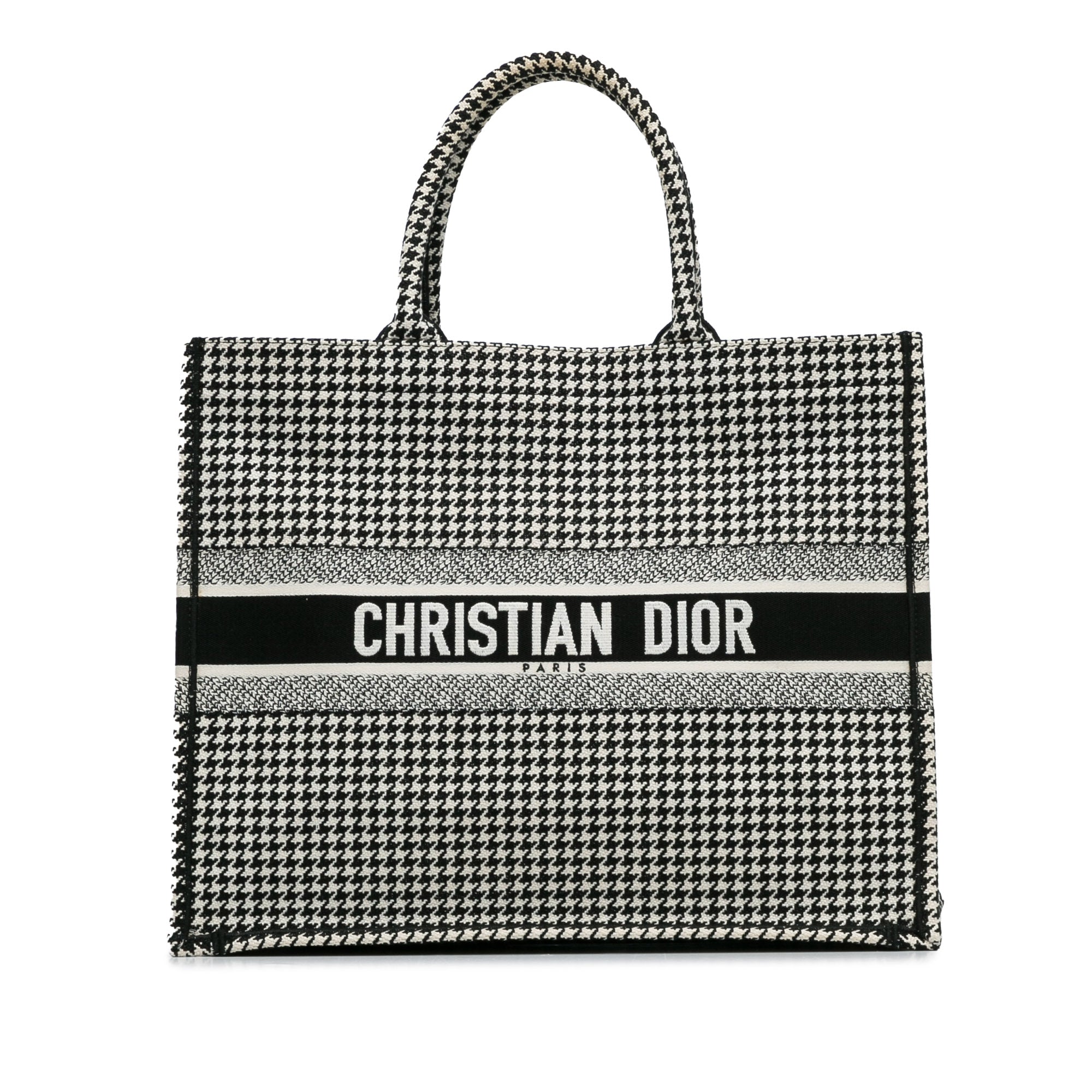 Dior | Pre-Owned Large Canvas Houndstooth Embroidered Book Tote - I | Black