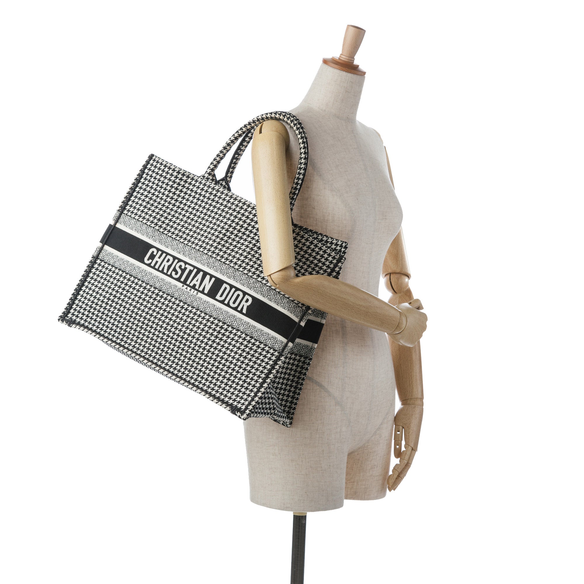 Dior | Pre-Owned Large Canvas Houndstooth Embroidered Book Tote - I | Black