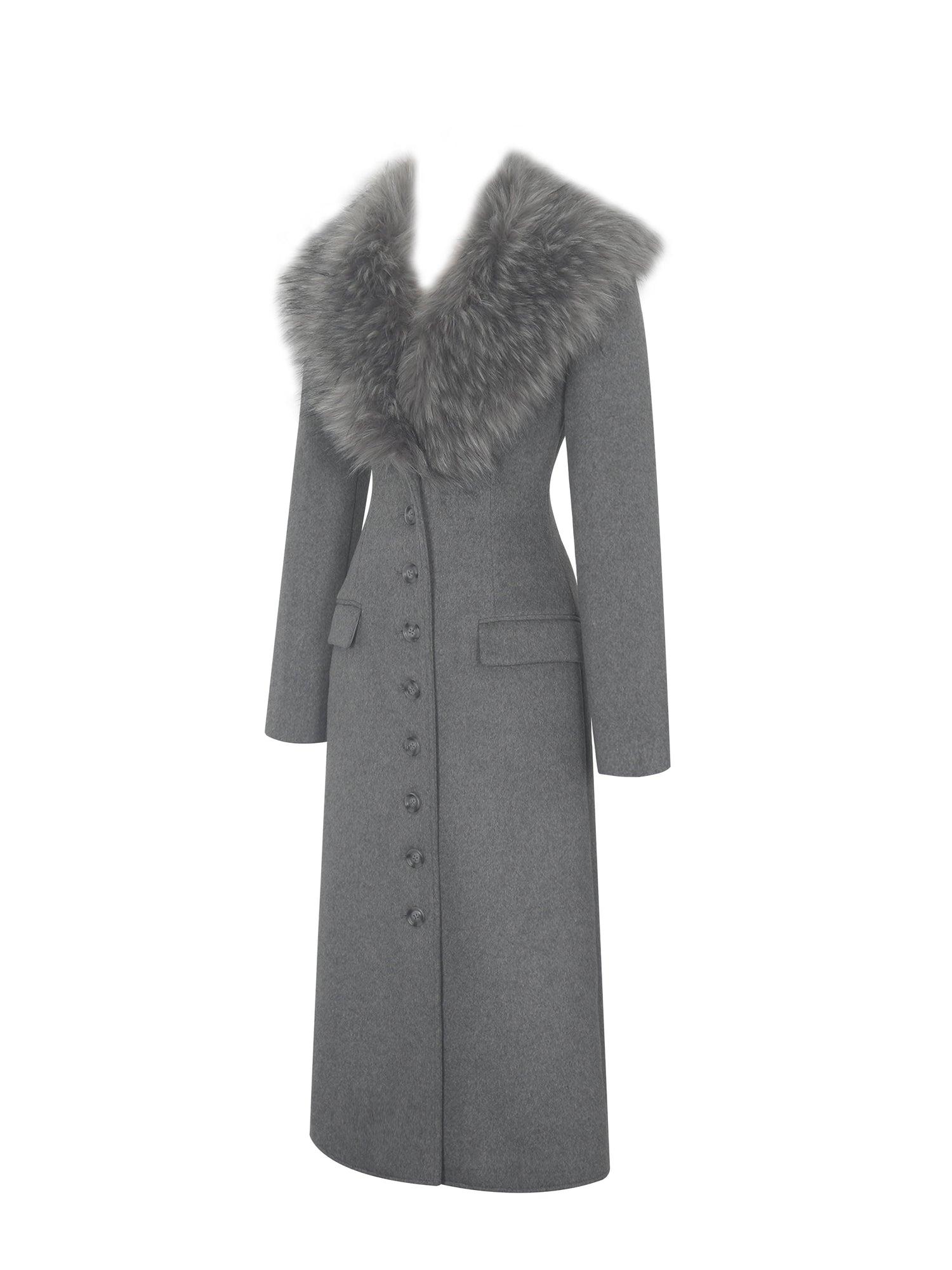 Faye Wool Blend Single-Breasted Coat with Removable Faux Fur Collar | Grey