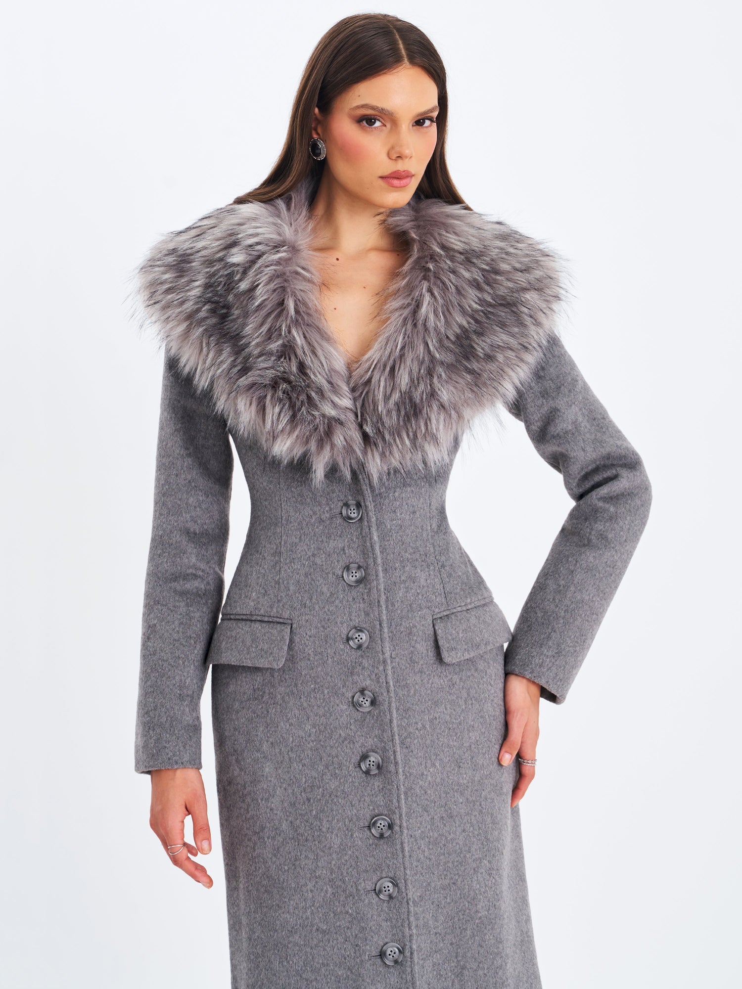 Faye Wool Blend Single-Breasted Coat with Removable Faux Fur Collar | Grey